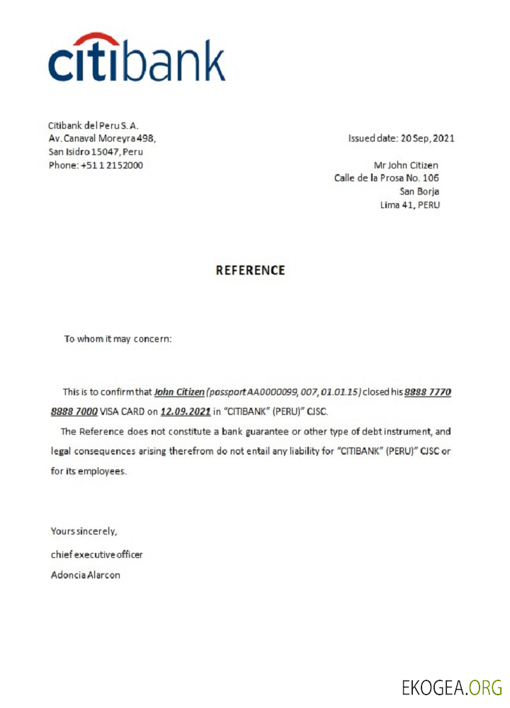 Référence Peru , Citibank , closure